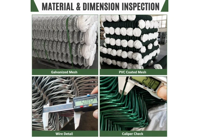 Chain link fence mesh inspection with digital caliper measuring wire diameter for quality control